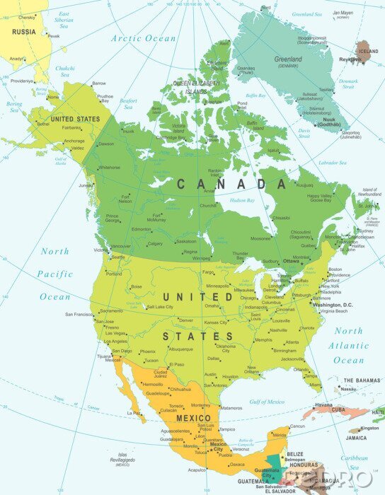 Canvas Noord-Amerika kaart - zeer gedetailleerde vector illustratie.