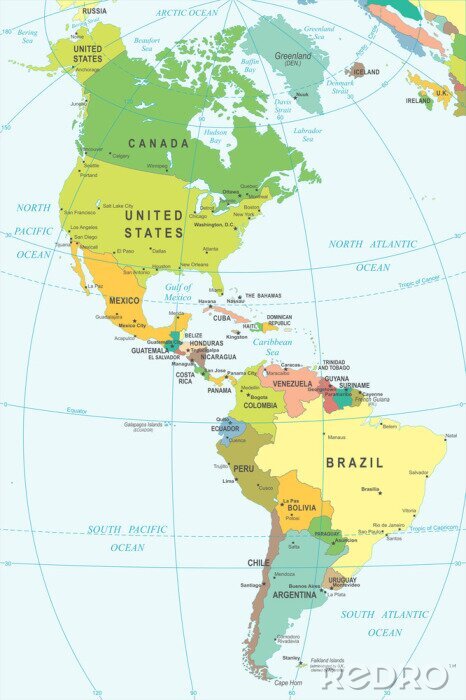 Canvas Noord- en Zuid-Amerika kaart - zeer gedetailleerde vector illustratie.