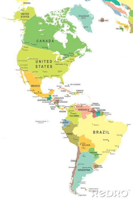 Canvas Noord- en Zuid-Amerika kaart - zeer gedetailleerde vector illustratie.