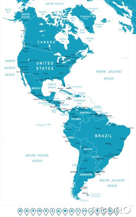Canvas Noord- en Zuid-Amerika kaart - zeer gedetailleerde vector illustratie. Afbeelding bevat land contouren, land en land namen, stad, namen water object, navigatie iconen.