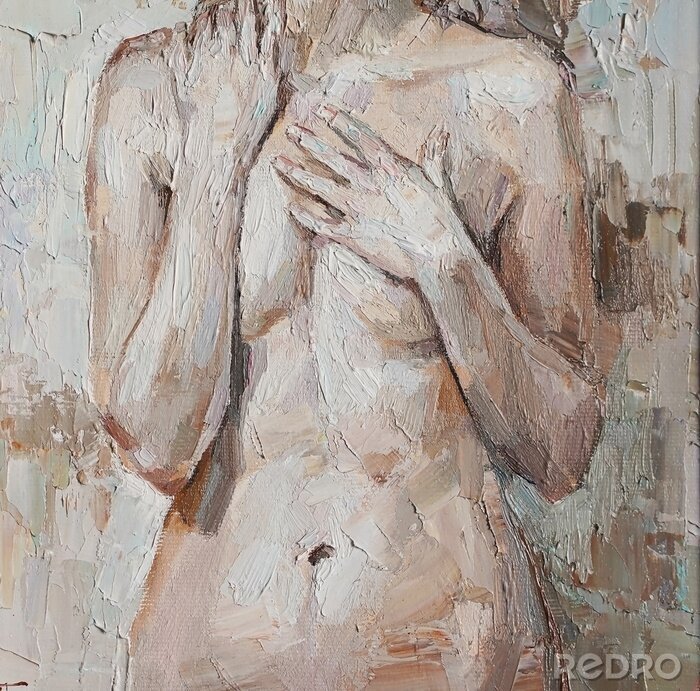 Canvas Nude attractive young woman, created in details and color nuances. Colors: white, gray, brown. Oil painting on canvas.