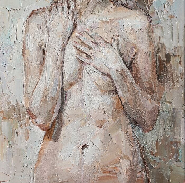 Canvas Nude attractive young woman, created in details and color nuances. Colors: white, gray, brown. Oil painting on canvas.