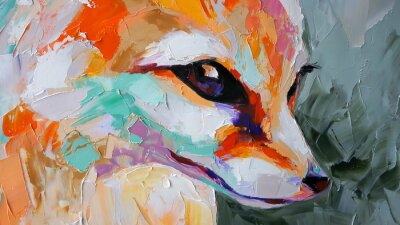 Canvas Oil fox portrait painting in multicolored tones. Conceptual abstract painting of a fennec muzzle. Closeup of a painting by oil and palette knife on canvas.