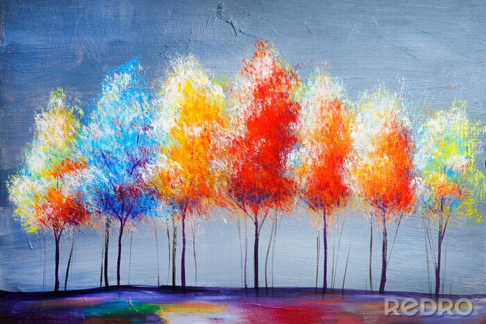 Canvas Oil painting landscape, abstract colorful gold trees