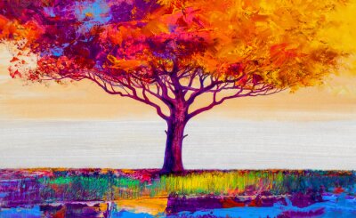 Canvas Oil painting landscape. Colorful autumn tree. Abstract style.