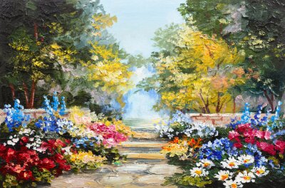 Canvas Oil painting landscape - colorful summer forest, beautiful flowers