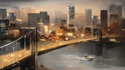 Canvas oil painting on canvas - view of New York, river and bridge. modern abstract Artwork, Painting American city, urban illustration