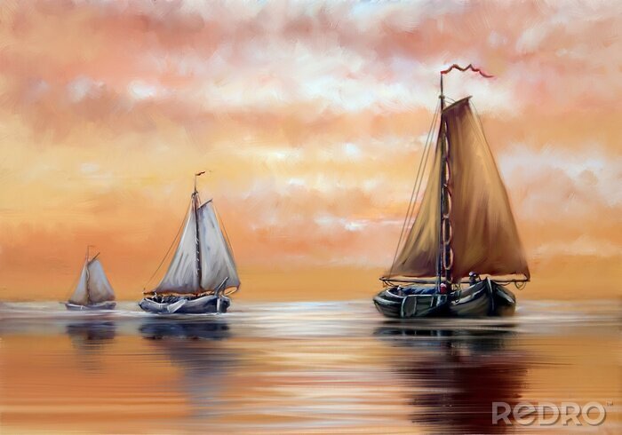 Canvas Oil paintings sea landscape, sailboat at sunset. Fine art.