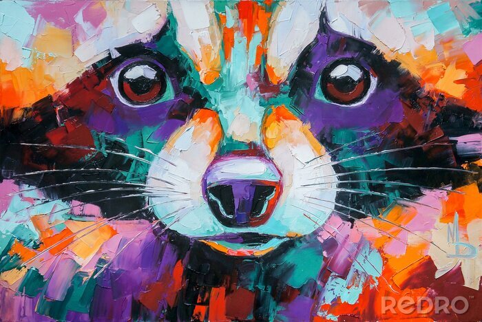 Canvas Oil raccoon portrait painting in multicolored tones. Conceptual abstract painting of a raccoon muzzle. Closeup of a painting by oil and palette knife on canvas.