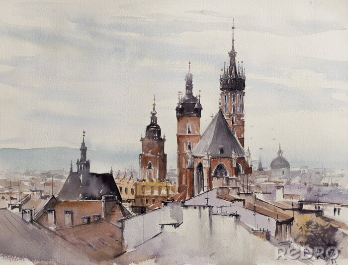 Canvas Old town, Kracow, Poland with Miariacki Church in background.Picture created with watercolors.