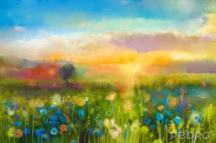 Canvas Olieverf bloemen paardebloem, korenbloem, madeliefje in de velden. Zonsondergang weide landschap met wilde bloemen, de heuvel en de hemel in oranje en blauwe kleur achtergrond. Handpaint zomer bloemen