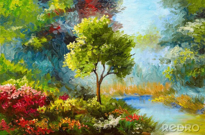 Canvas olieverfschilderij, bloemen en bomen in de buurt van de rivier, zonsondergang