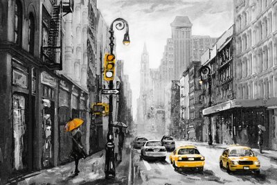 Canvas olieverfschilderij op canvas, straatmening van New York, man en vrouw, gele taxi, modern Kunstwerk, Amerikaanse stad, illustratie New York