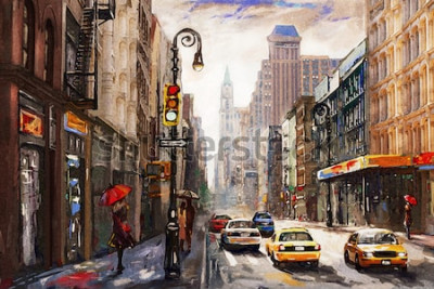Canvas olieverfschilderij op canvas, straatmening van New york, vrouw onder een rode paraplu, gele taxi, moderne kunst, amerika sane stad, illustratie New york