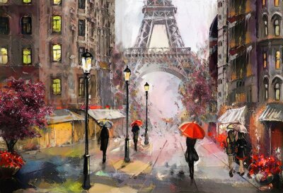 Canvas Olieverfschilderij op canvas, uitzicht op de straat van Parijs. Artwork. Eiffeltoren . Mensen onder een rode paraplu. Boom. Frankrijk