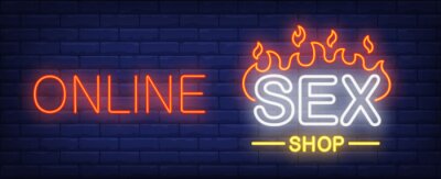 Online sekswinkel neonreclame. Vuren woord o donkere bakstenen muur. Vectorillustratie in neonstijl voor seks winkel of erotisch entertainment