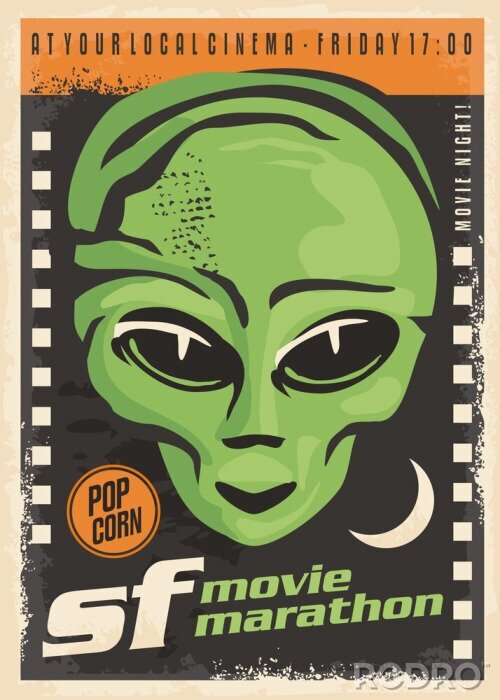 Canvas Ontwerp van de de nacht retro affiche van de science fictionfilm met vreemdeling en filmstrook op donkere achtergrond. Bioscoop evenement vintage flyer.