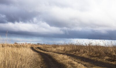 Canvas Onverharde weg in de droge veld in een bewolkte dag