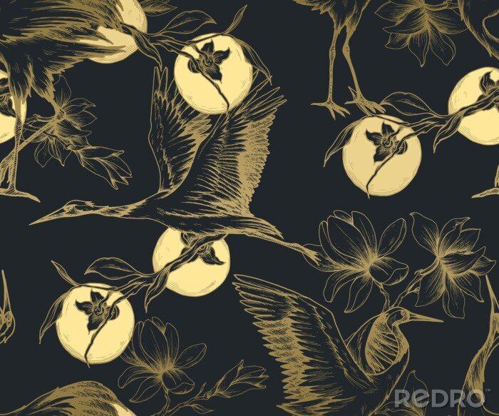 Canvas Oosters patroon met gouden kraanvogels en bloemen