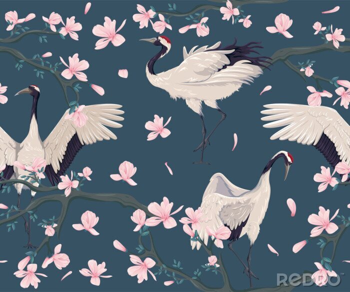Canvas Oosterse Japanse kraanvogels en roze bloemen