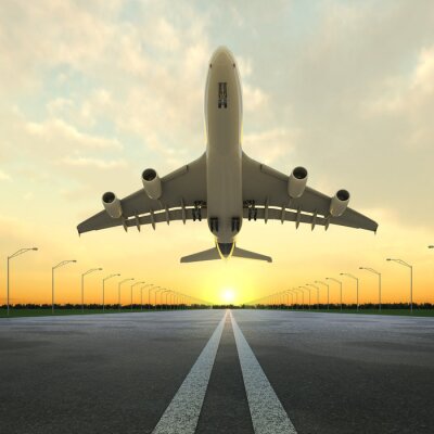 opstijgen vliegtuig in de luchthaven bij zonsondergang