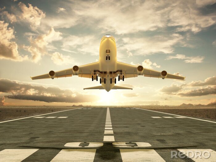 Canvas Opstijgend vliegtuig bij zonsondergang