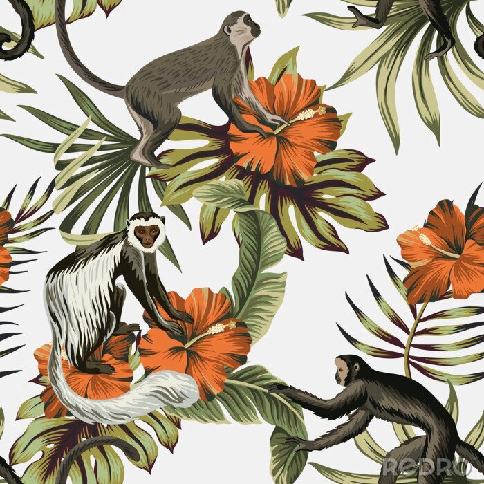 Canvas Oranje bloemen en dieren op een witte achtergrond