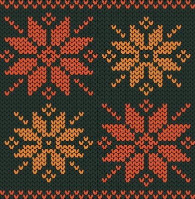 Canvas Oranje geel gebreid sneeuwvlokken op een donkere groene achtergrond. Horizontaal naadloos gebreid patroon.