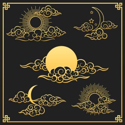 Canvas Oriental clouds, sun and moon. Gold sun and moon with clouds in old decorative traditional asian or chinese style vector illustration