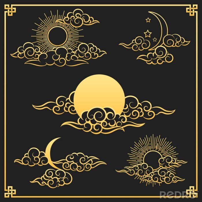 Canvas Oriental clouds, sun and moon. Gold sun and moon with clouds in old decorative traditional asian or chinese style vector illustration