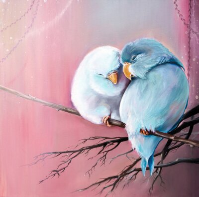 Canvas Original oil painting on canvas of two parrot lovebird is sitting on branch close each other