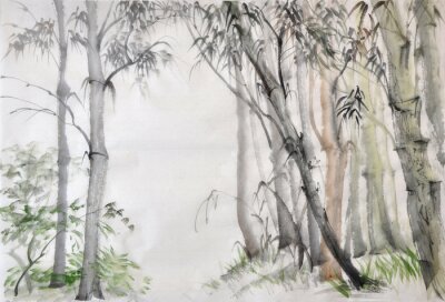Canvas Originele aquarel schilderij van bamboebos op rijstpapier.