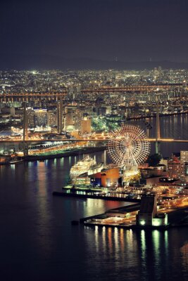 Canvas Osaka view 's nachts op het dak