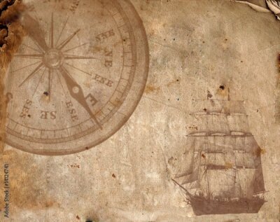 Canvas Oude achtergrond met een kompas en een zeilschip