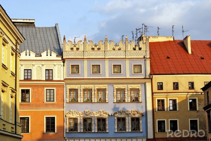 Canvas Oude gebouwen op een rij in de oude stad van Lublin, Polen