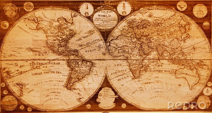 Canvas oude houten kaart van noordelijk en zuidelijk halfrond aarde