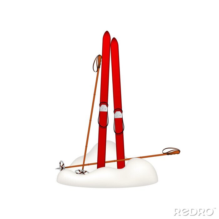 Canvas Oude houten ski's en skistokken oud zich in sneeuw