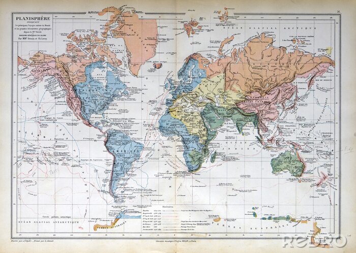 Canvas Oude kaart van 1883, wereldkaart