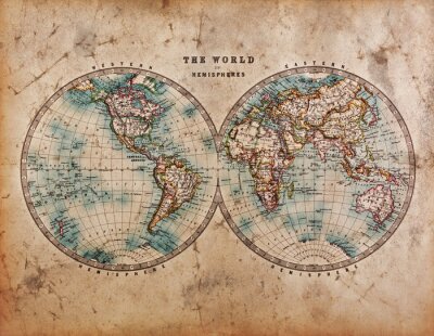 Canvas Oude Kaart van de Wereld in Hemisferen