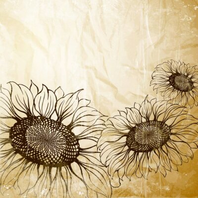 Canvas Oude textuur met zonnebloemen