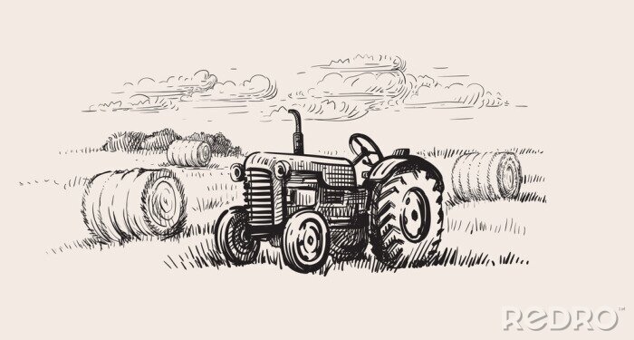 Canvas oude tractor met een landelijke scène
