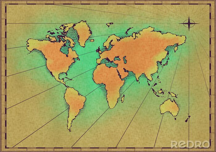 Canvas Oude wereldkaart in kleuren