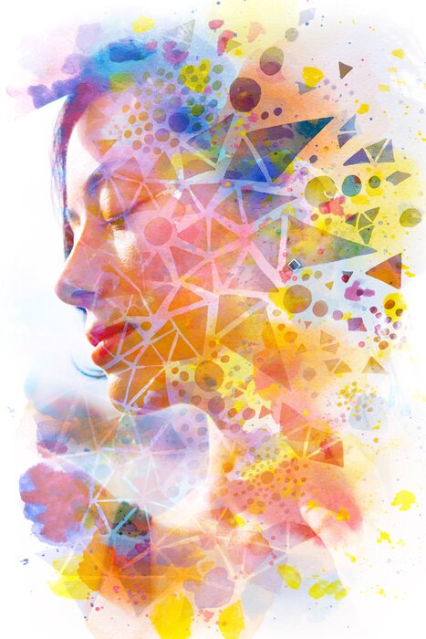 Canvas Paintography. Double Exposure portrait of a young beautiful woman combined with hand drawn ink painting created using unique technique.