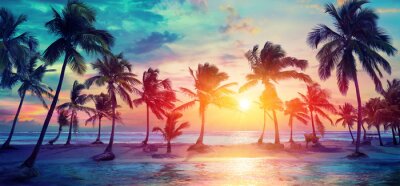 Canvas Palm Trees Silhouettes On Tropical Beach At Sunset - Modern Vintage Colors