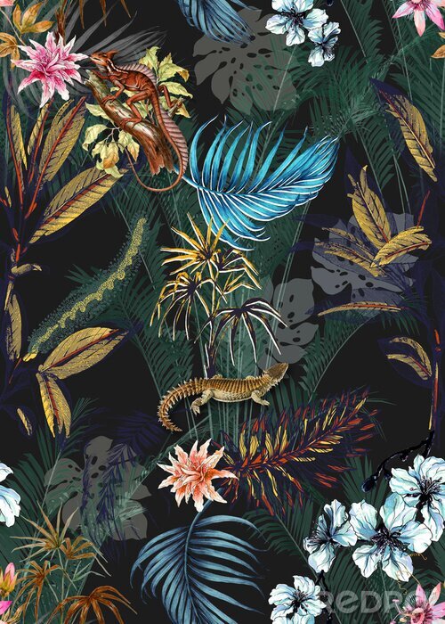 Canvas Palmbladeren en monstera en exotische dieren