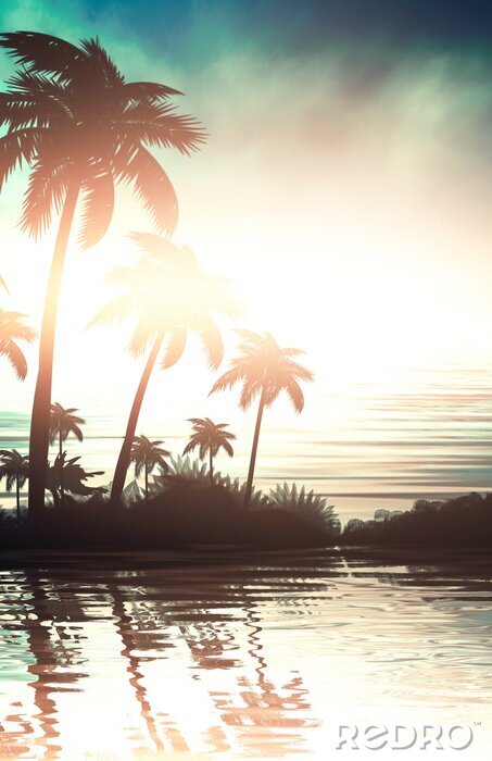 Canvas Palmbomen bij zonsondergang over het water