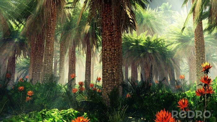Canvas Palmbomen en exotische bloemen