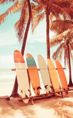 Palmbomen en surfplanken op het strand