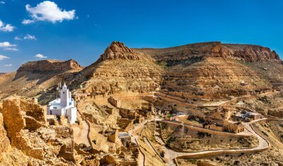 Canvas Panorama van Chenini, een versterkt Berber-dorp in Zuid-Tunesië