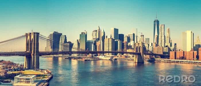 Canvas Panorama van de stad New York met een brug